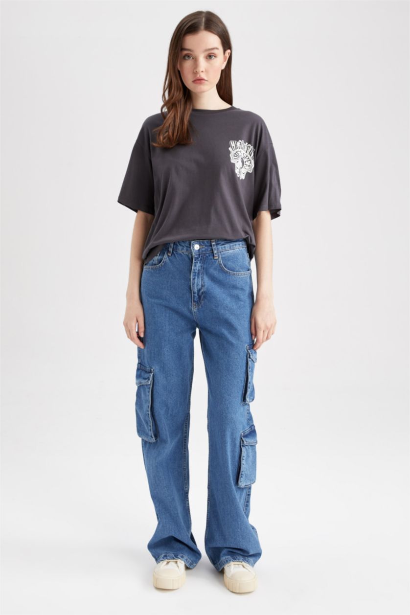 Kadın Antrasit Loose Fit Bisiklet Yaka Sırt Baskılı Kısa Kollu %100 Pamuk Tişört