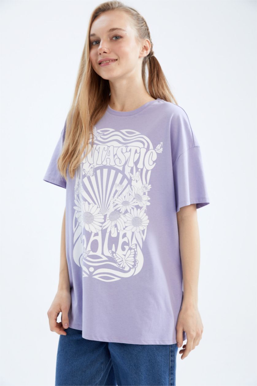 WOMAN Lilac Oversize Fit Crew Neck Printed Short Sleeve T-Shirt