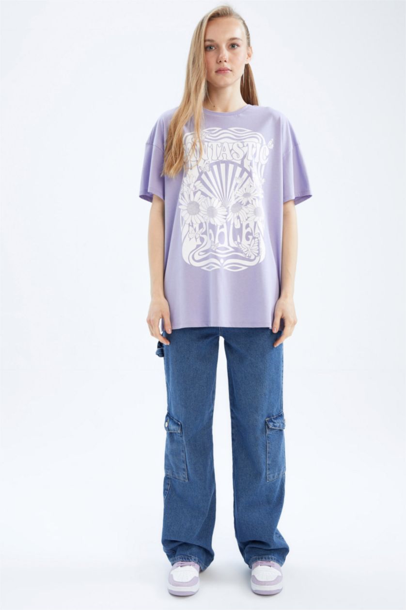 WOMAN Lilac Oversize Fit Crew Neck Printed Short Sleeve T-Shirt