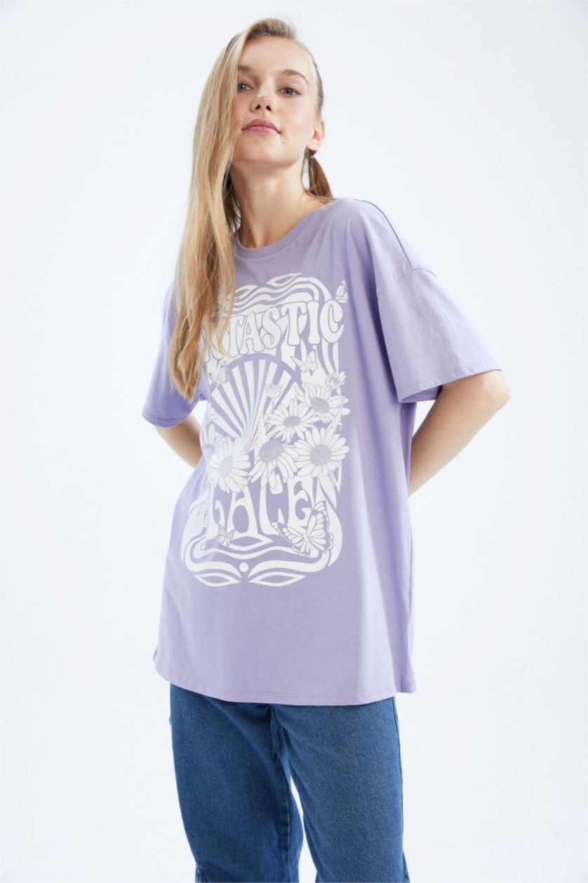 WOMAN Lilac Oversize Fit Crew Neck Printed Short Sleeve T-Shirt