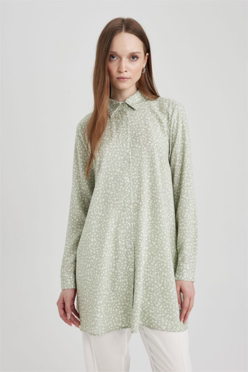 FEMME Kaki Clair Tunique À Manches Longues Coupe Régulière Imprimé Col De Chemise