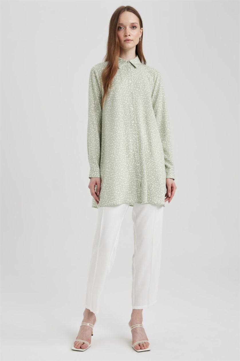 FEMME Kaki Clair Tunique À Manches Longues Coupe Régulière Imprimé Col De Chemise