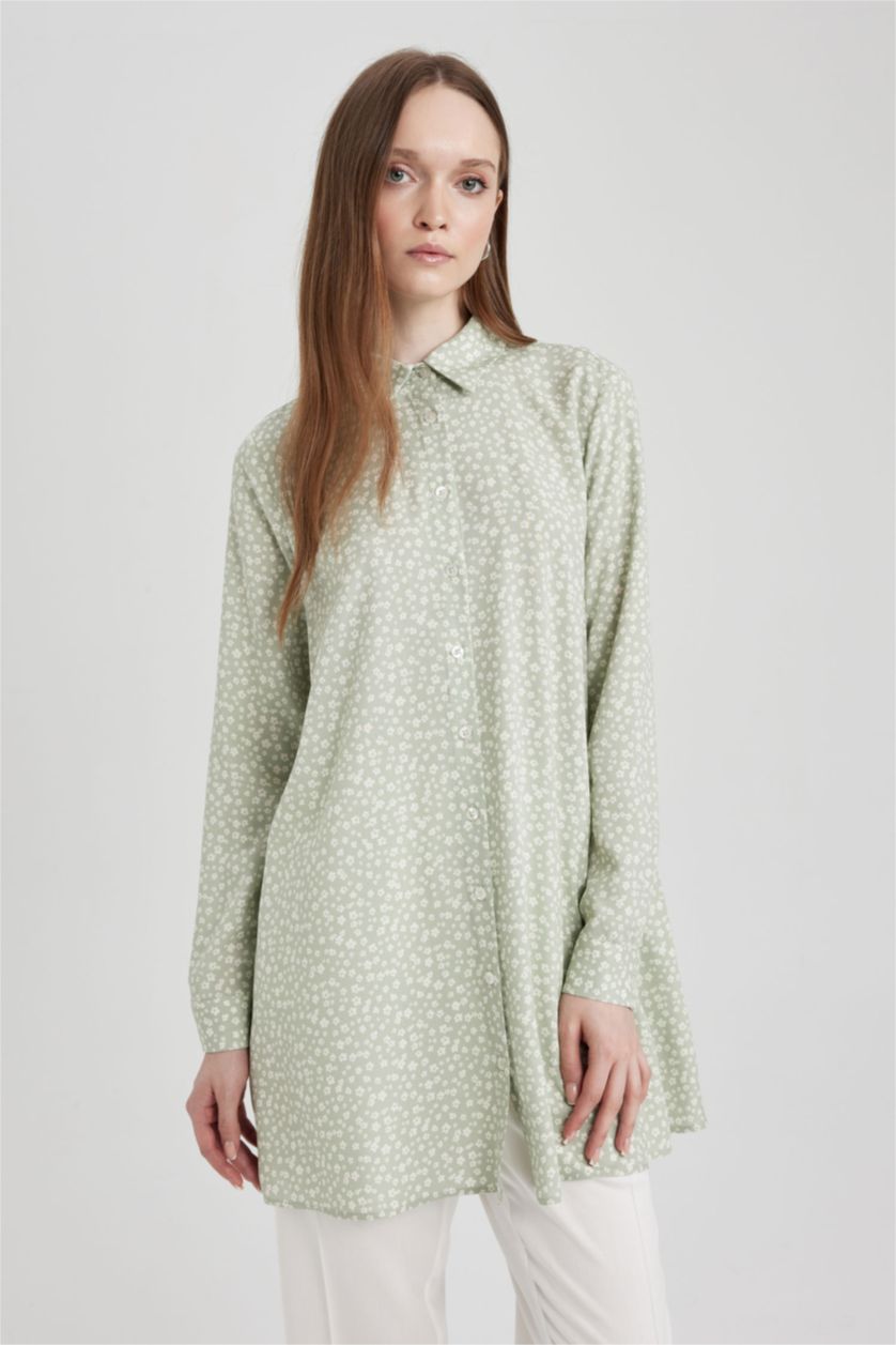 FEMME Kaki Clair Tunique À Manches Longues Coupe Régulière Imprimé Col De Chemise