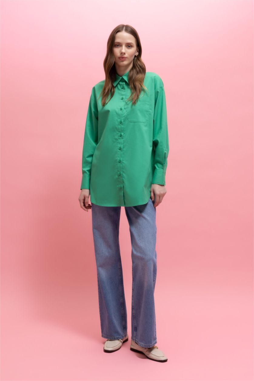 WOMAN Green Relax Fit Poplin Shirt Collar Long Sleeve Tunic
