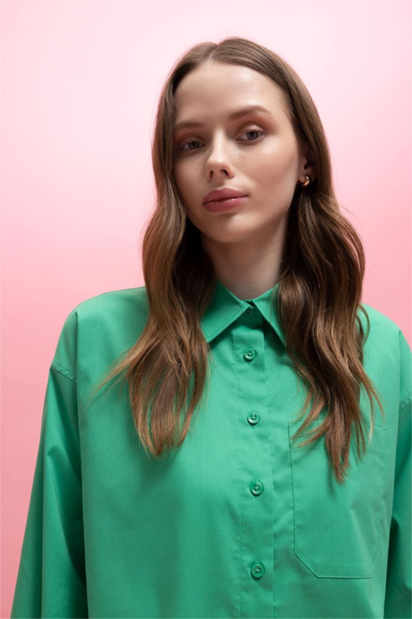 WOMAN Green Relax Fit Poplin Shirt Collar Long Sleeve Tunic