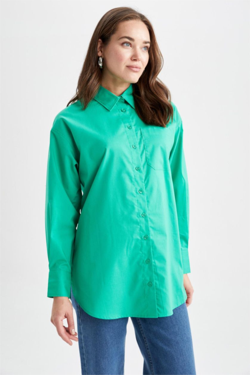 WOMAN Green Relax Fit Poplin Shirt Collar Long Sleeve Tunic