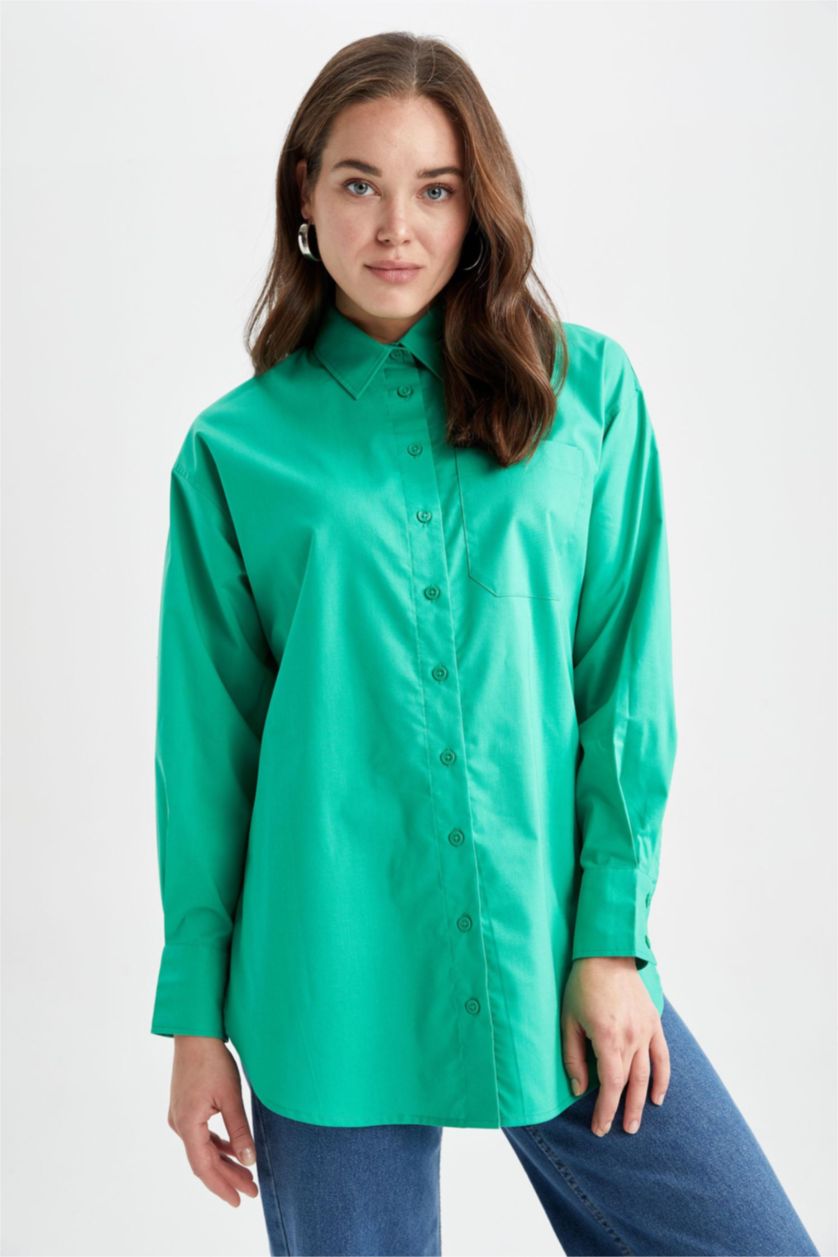 WOMAN Green Relax Fit Poplin Shirt Collar Long Sleeve Tunic
