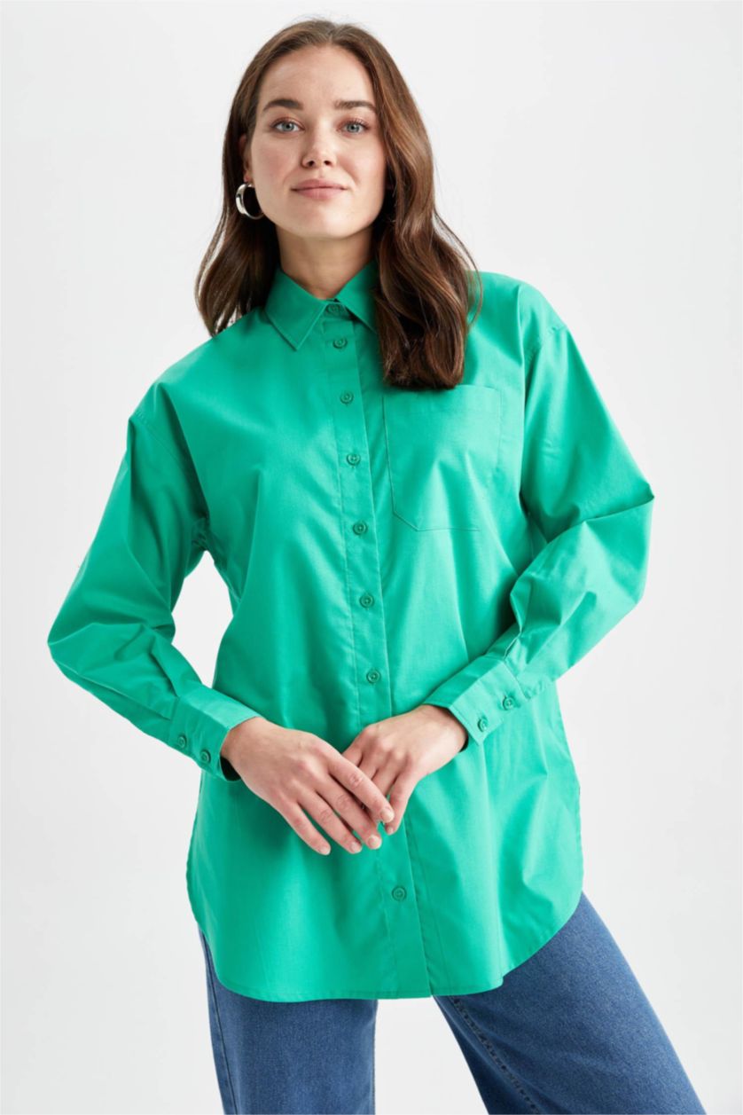 WOMAN Green Relax Fit Poplin Shirt Collar Long Sleeve Tunic