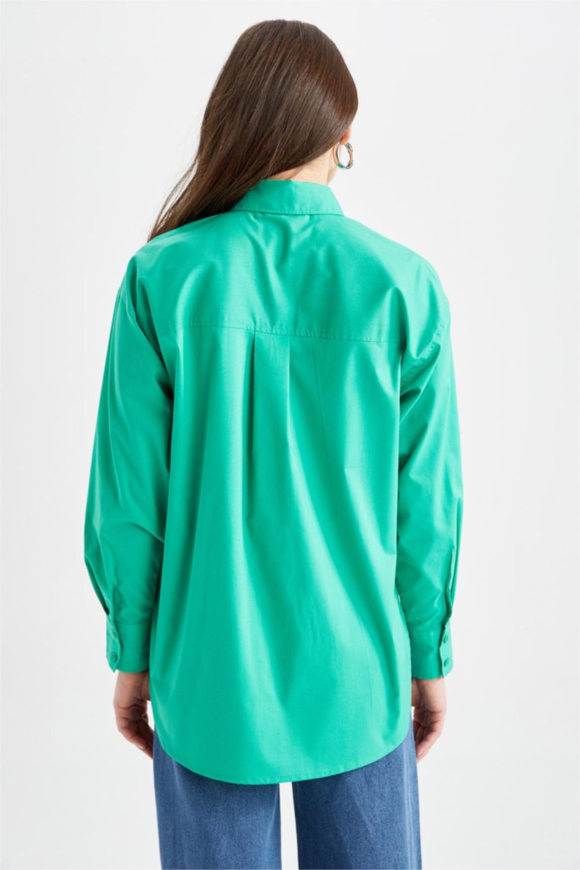 WOMAN Green Relax Fit Poplin Shirt Collar Long Sleeve Tunic