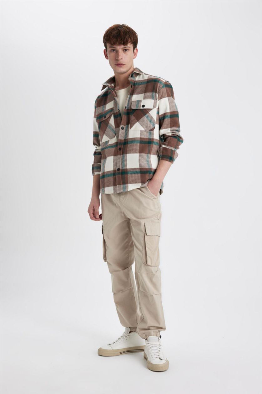 رجالي بني فاتح قميص كاروهات قطن كم طويل قصة مريحة