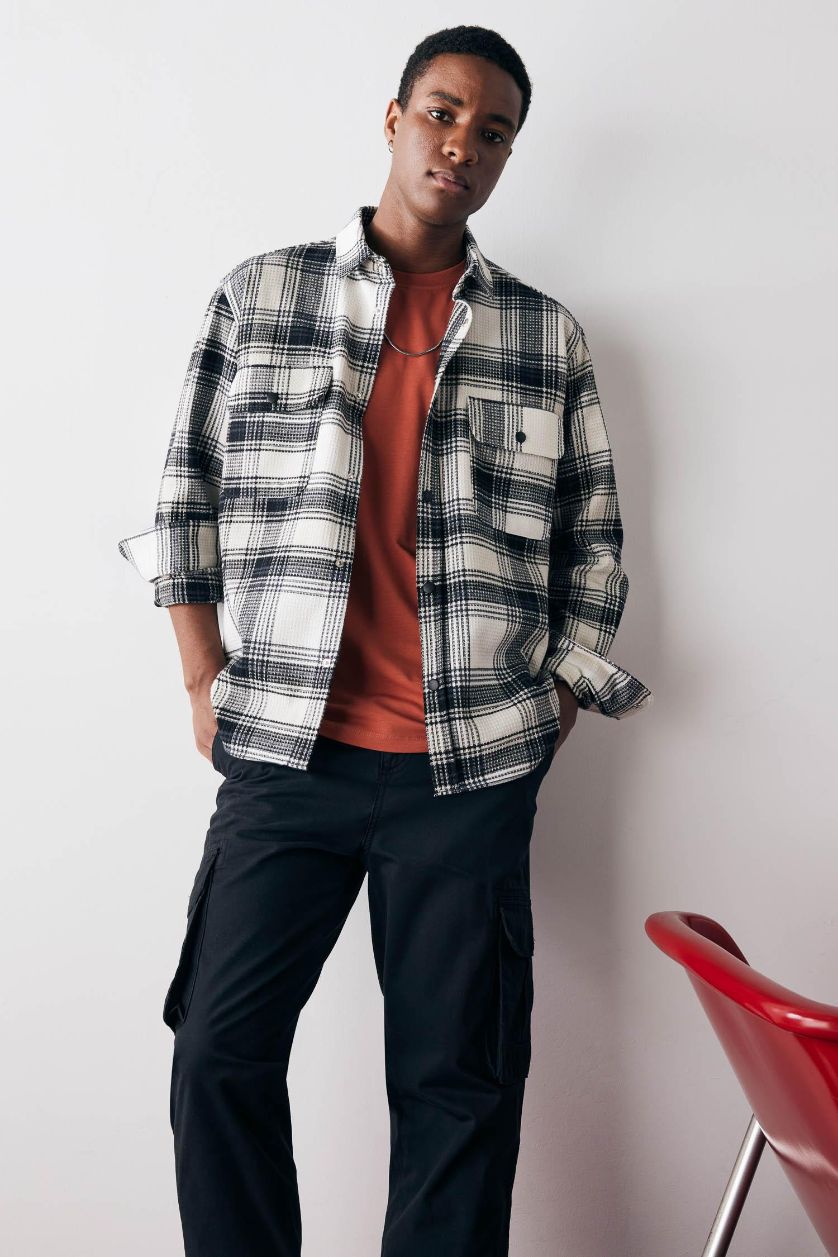 رجالي اللون الحجري قميص كاروهات قطن كم طويل قصة مريحة