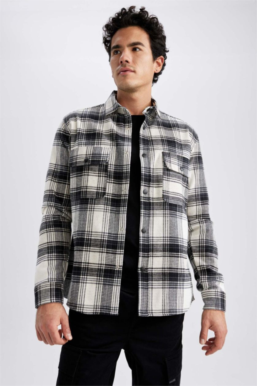 رجالي اللون الحجري قميص كاروهات قطن كم طويل قصة مريحة