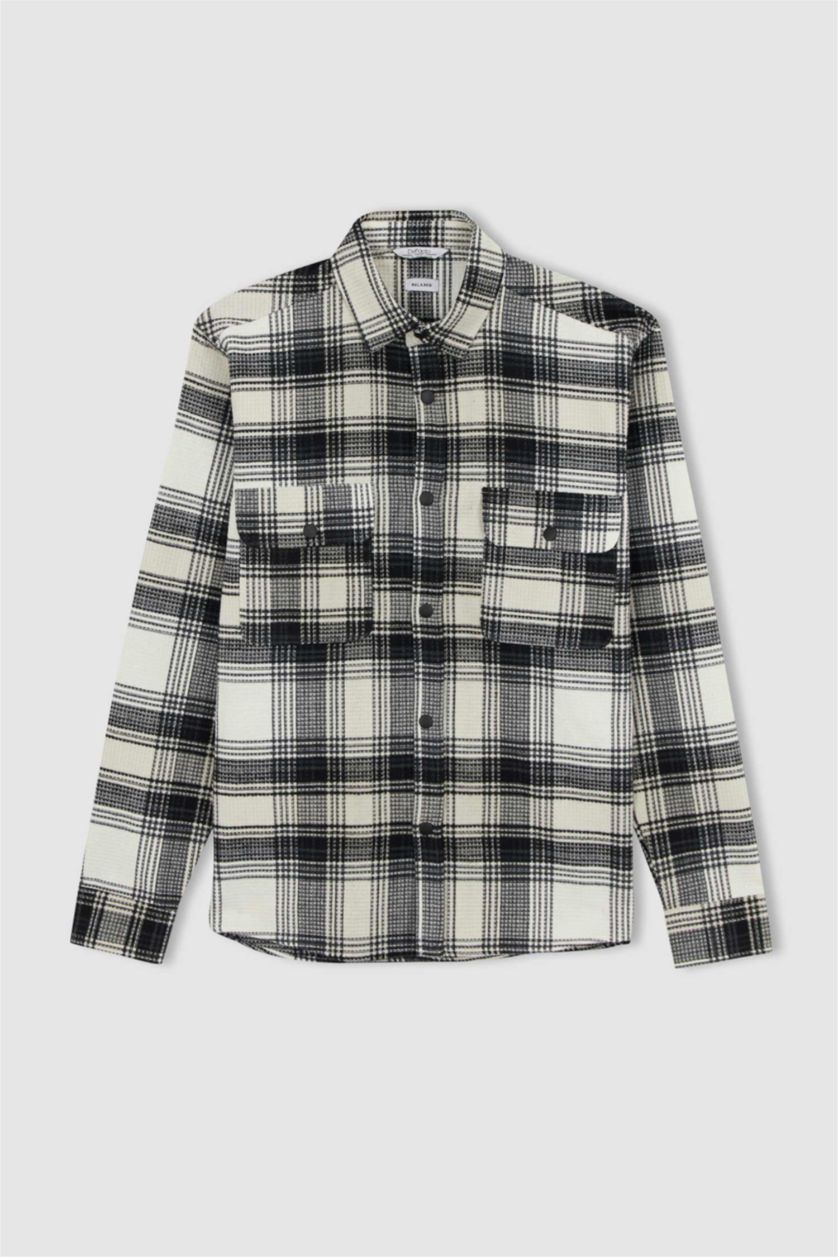 رجالي اللون الحجري قميص كاروهات قطن كم طويل قصة مريحة