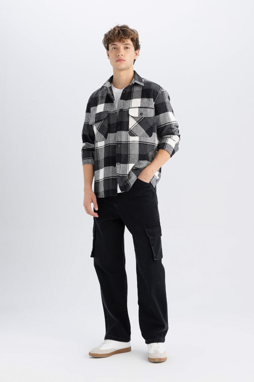 Erkek Siyah Relax Fit Waffle Kareli Oduncu Flanel Pamuklu Uzun Kollu Gömlek