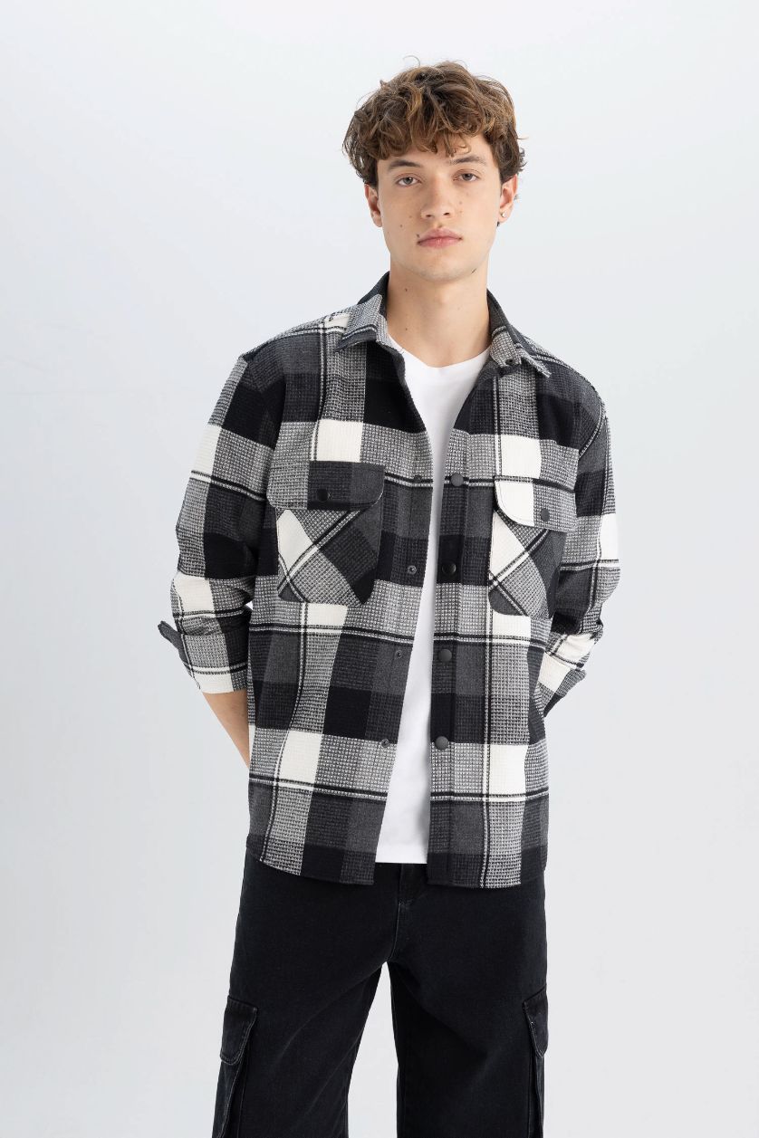 Erkek Siyah Relax Fit Waffle Kareli Oduncu Flanel Pamuklu Uzun Kollu Gömlek