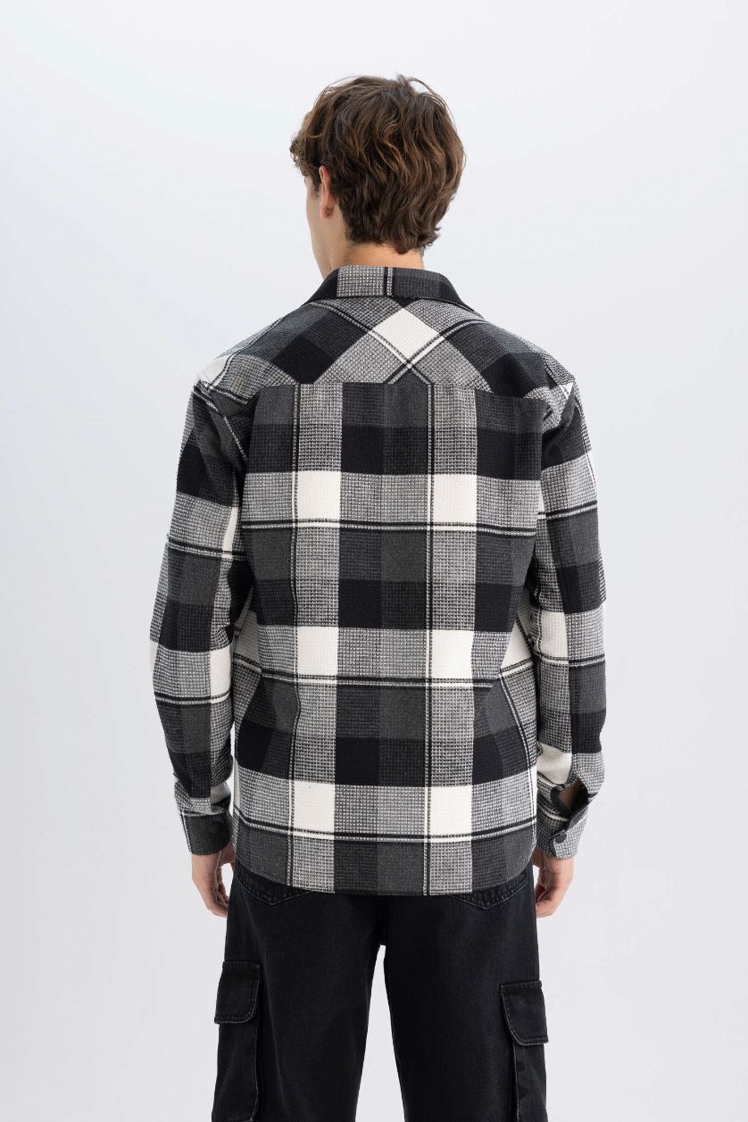 Erkek Siyah Relax Fit Waffle Kareli Oduncu Flanel Pamuklu Uzun Kollu Gömlek