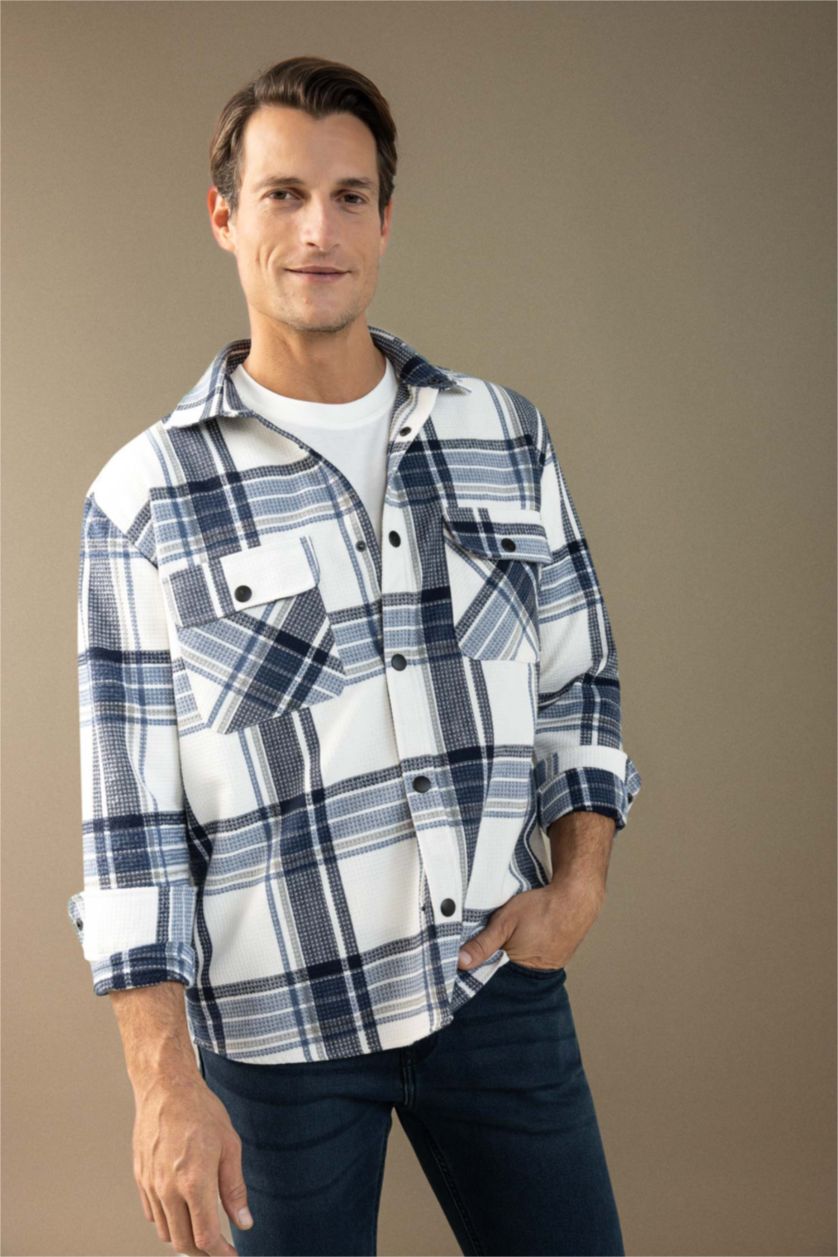 MAN NAVY Relax Fit Polo Collar Lumberjack Cotton Shirt