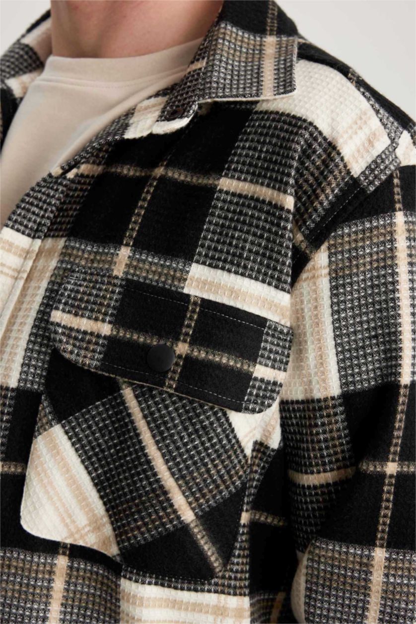 Erkek Bej Relax Fit Waffle Kareli Pamuklu Uzun Kollu Gömlek