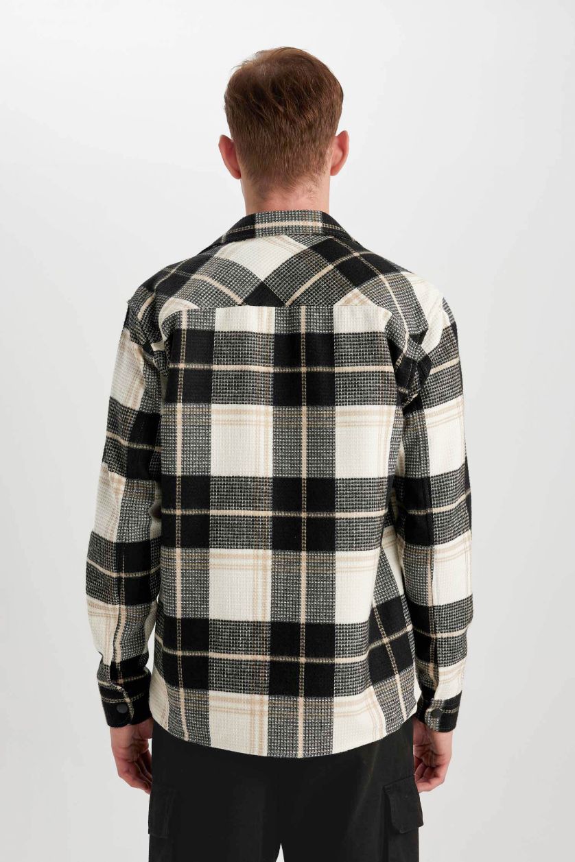 Erkek Bej Relax Fit Waffle Kareli Pamuklu Uzun Kollu Gömlek