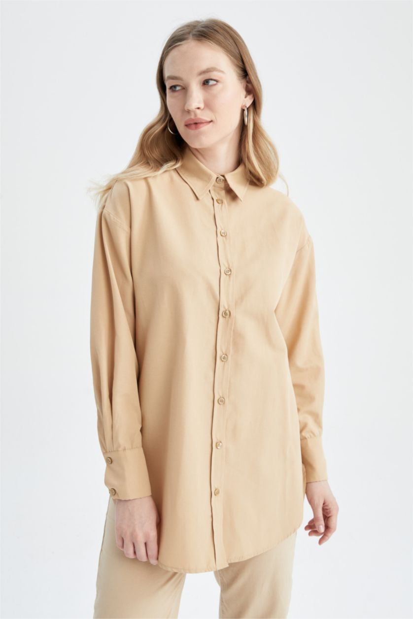 WOMAN Beige Relax Fit Poplin Shirt Collar Long Sleeve Tunic