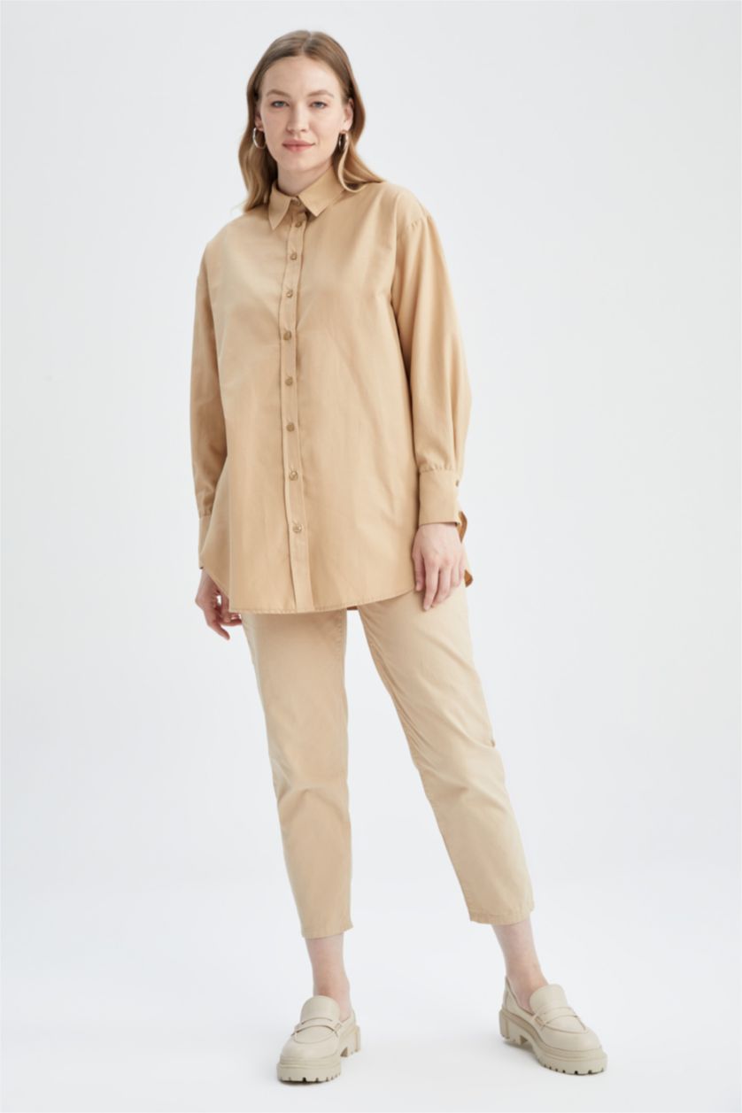 WOMAN Beige Relax Fit Poplin Shirt Collar Long Sleeve Tunic