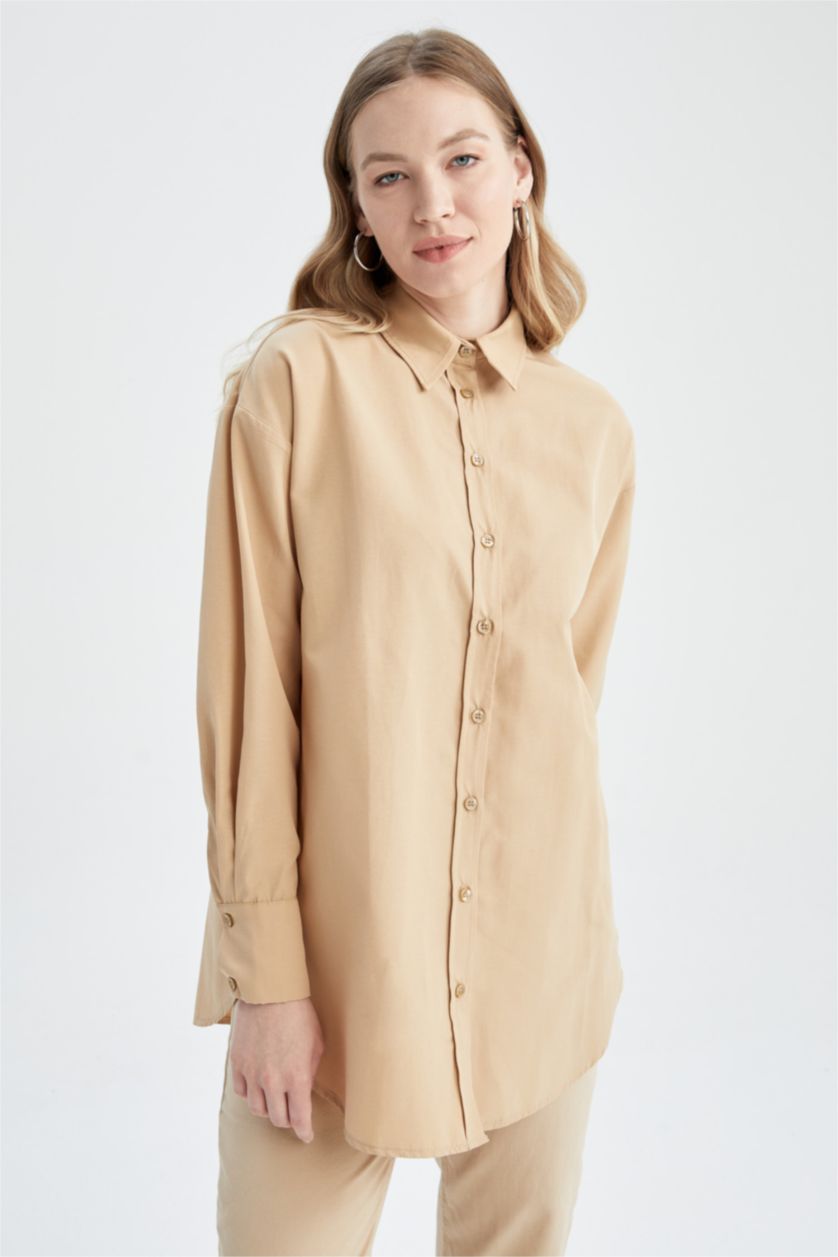 WOMAN Beige Relax Fit Poplin Shirt Collar Long Sleeve Tunic