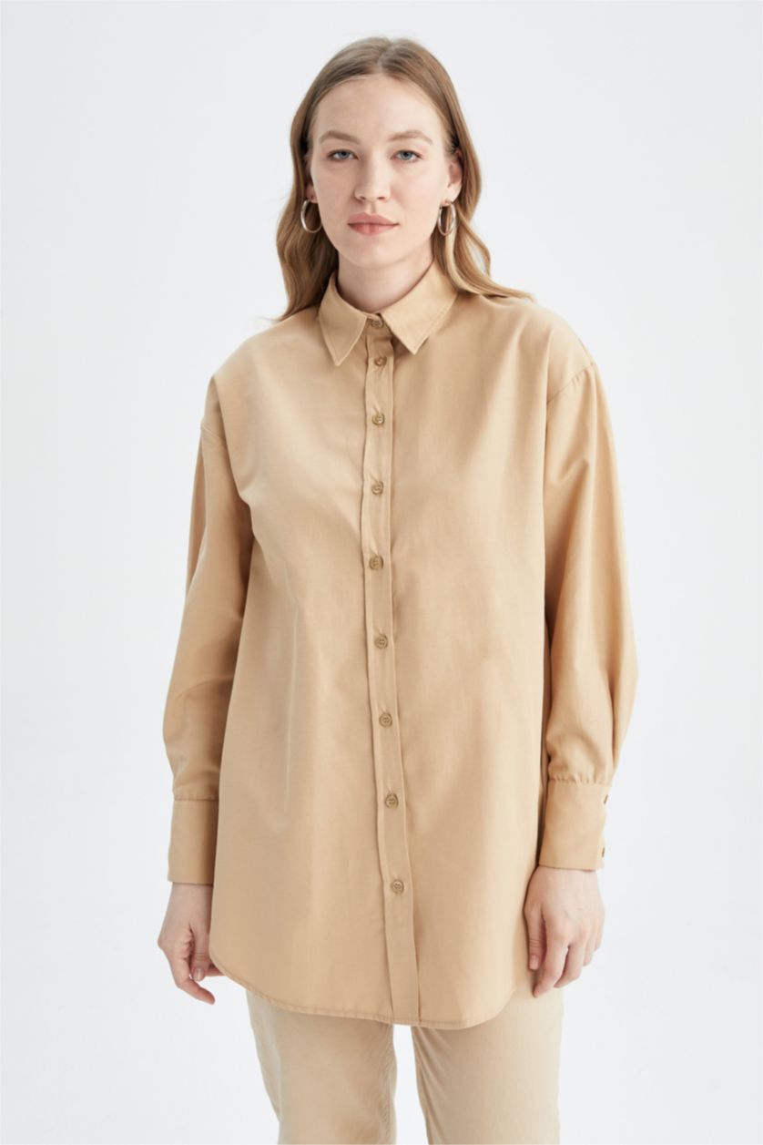 WOMAN Beige Relax Fit Poplin Shirt Collar Long Sleeve Tunic