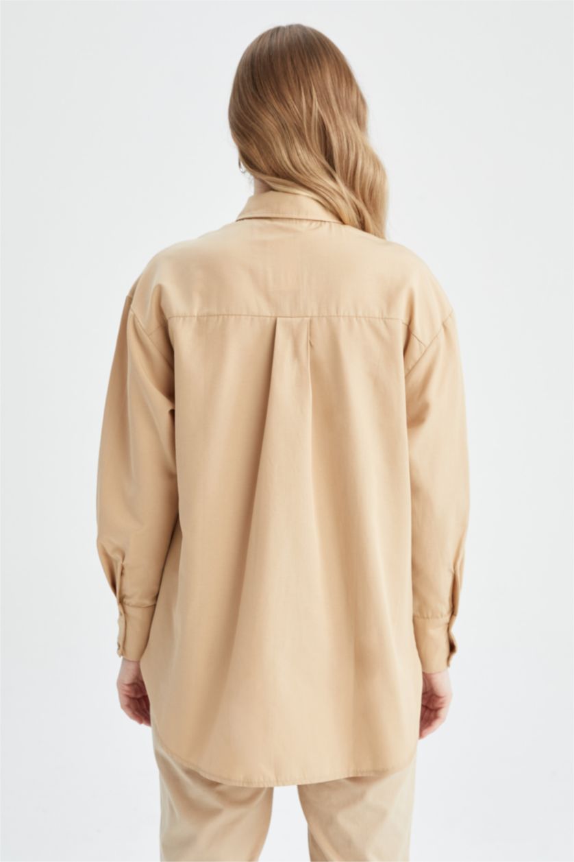 WOMAN Beige Relax Fit Poplin Shirt Collar Long Sleeve Tunic