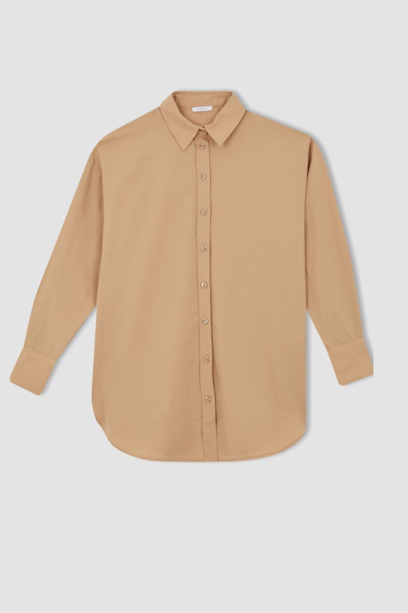 WOMAN Beige Relax Fit Poplin Shirt Collar Long Sleeve Tunic