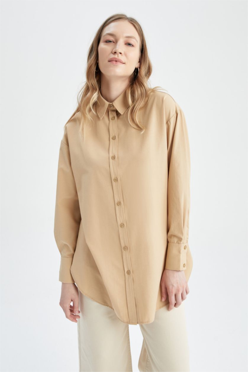 FEMME Beige Tunique-chemise basique à manches longues coupe classique