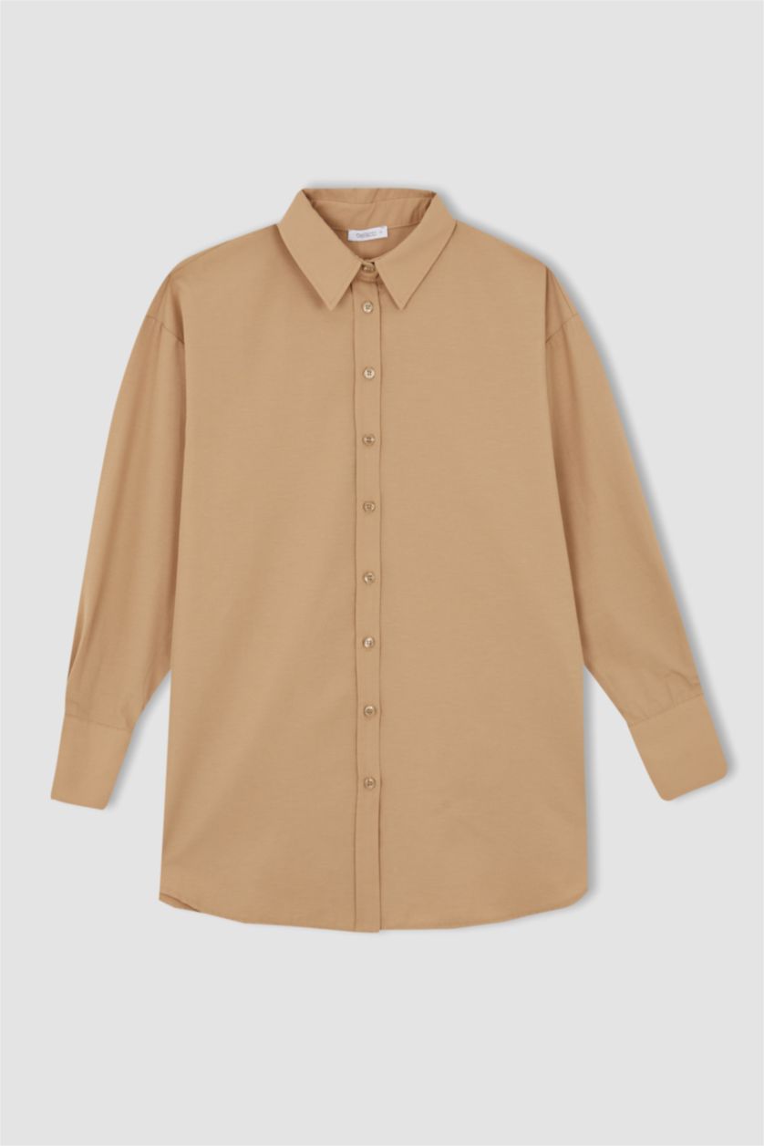 FEMME Beige Tunique-chemise basique à manches longues coupe classique