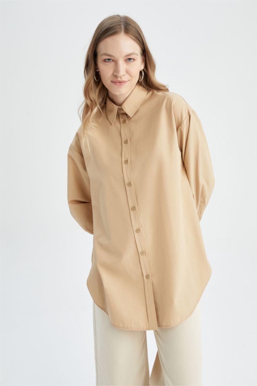 WOMAN Beige Regular Fit Basic Long Sleeve Shirt Tunic