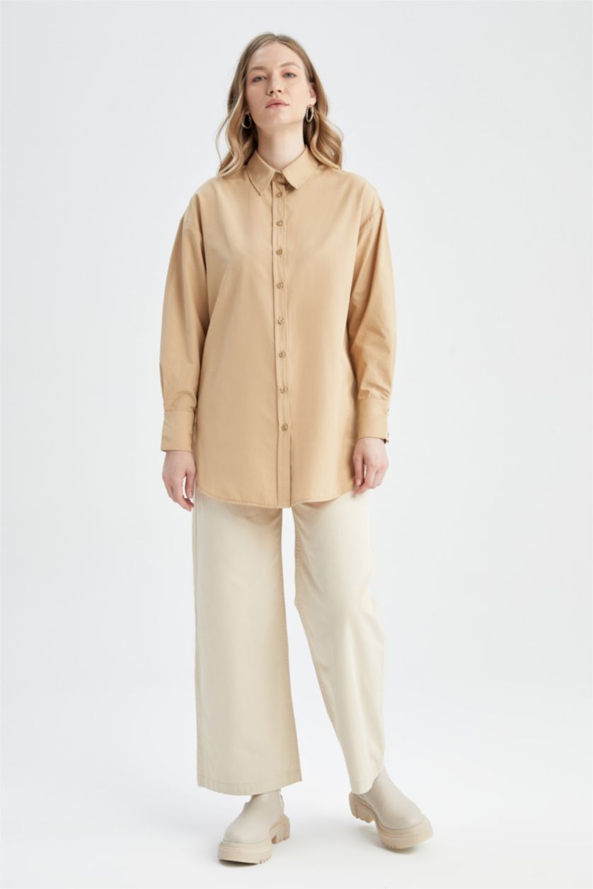 WOMAN Beige Regular Fit Basic Long Sleeve Shirt Tunic