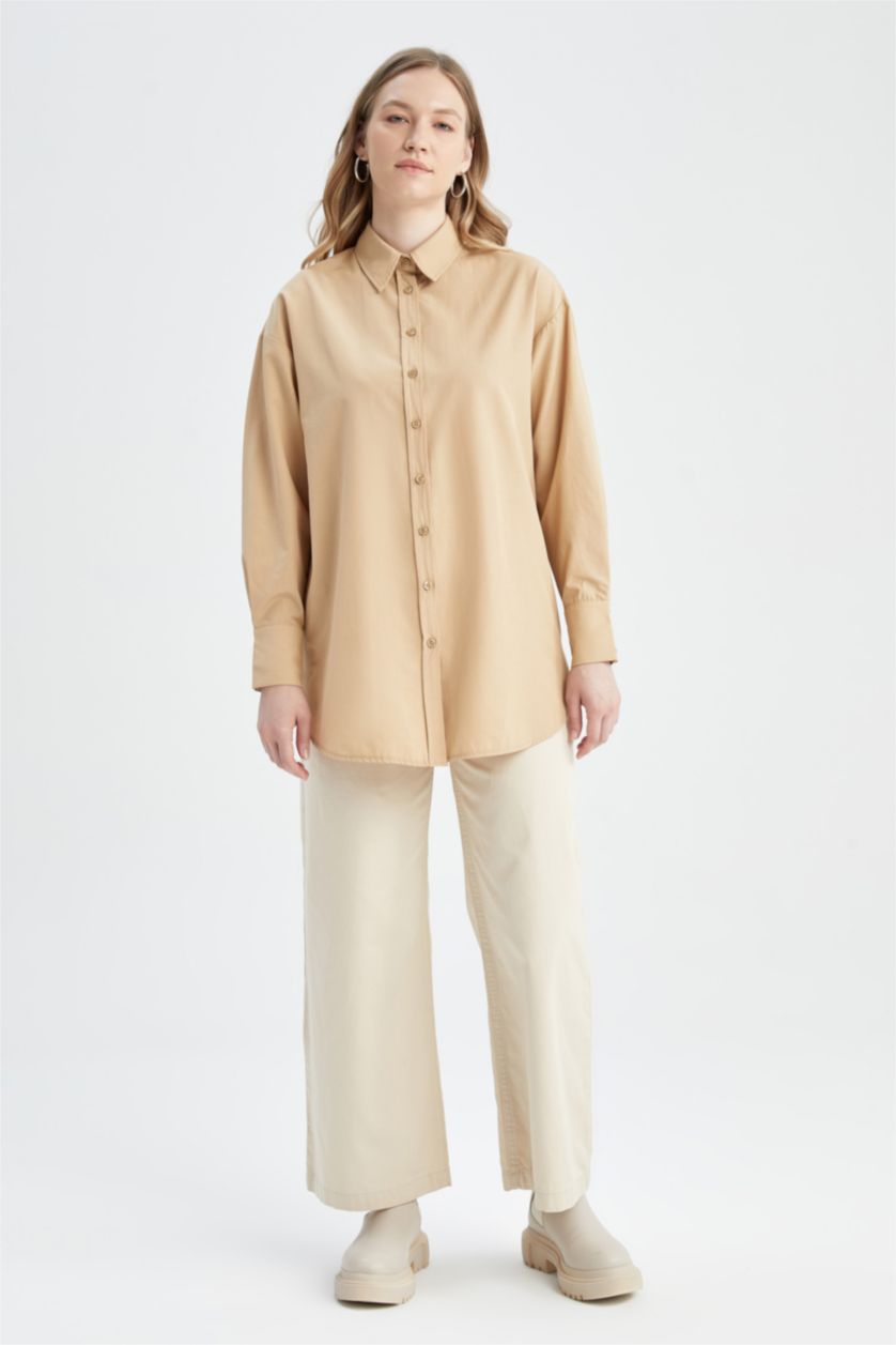 WOMAN Beige Regular Fit Basic Long Sleeve Shirt Tunic