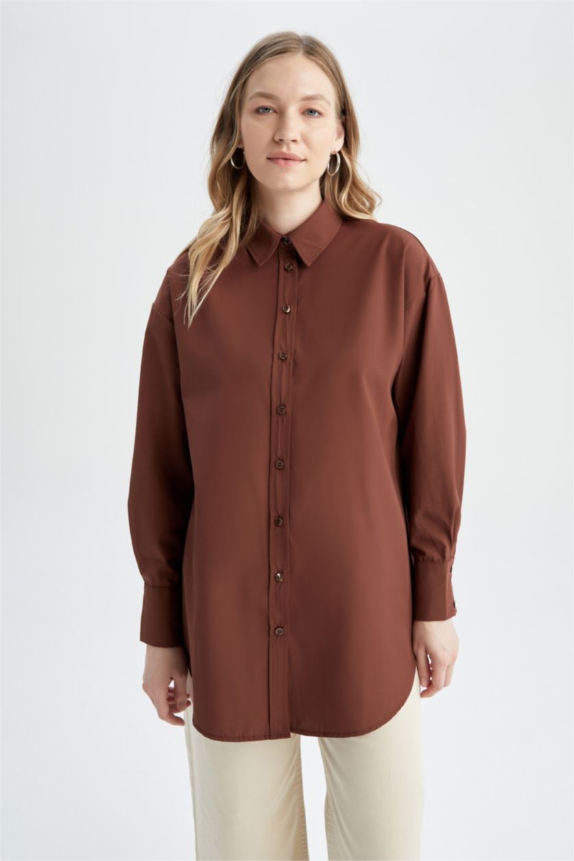 WOMAN Brown Regular Fit Poplin Long Sleeve Tunic