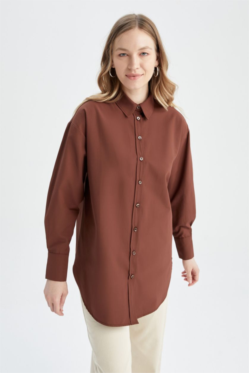 FEMME Marron Tunique En Popeline À Col Chemise Et Manches Longues