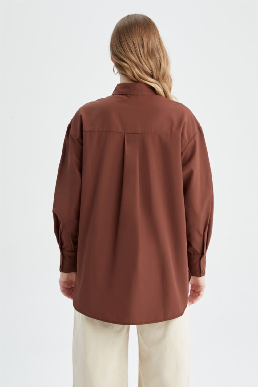FEMME Marron Tunique En Popeline À Col Chemise Et Manches Longues