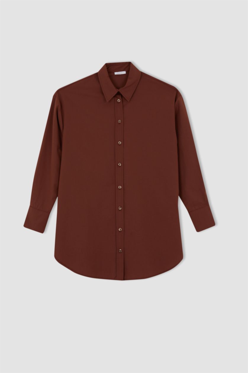 FEMME Marron Tunique En Popeline À Col Chemise Et Manches Longues