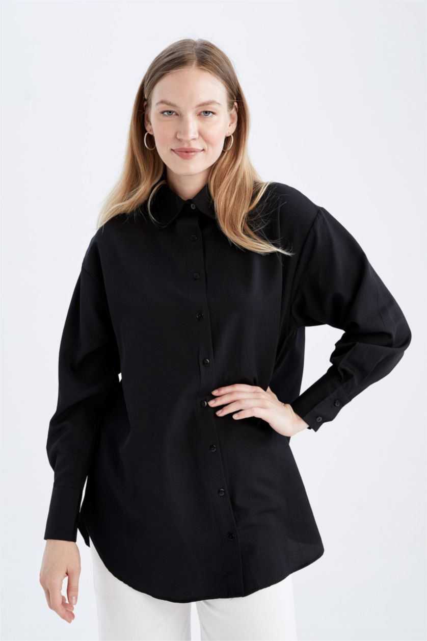 FEMME Noir Relax Fıt Col De Chemise Popeline Tunique À Manches Longues