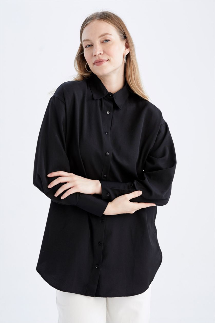 FEMME Noir Relax Fıt Col De Chemise Popeline Tunique À Manches Longues