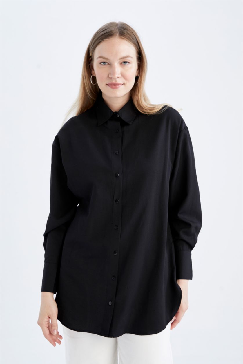 FEMME Noir Relax Fıt Col De Chemise Popeline Tunique À Manches Longues