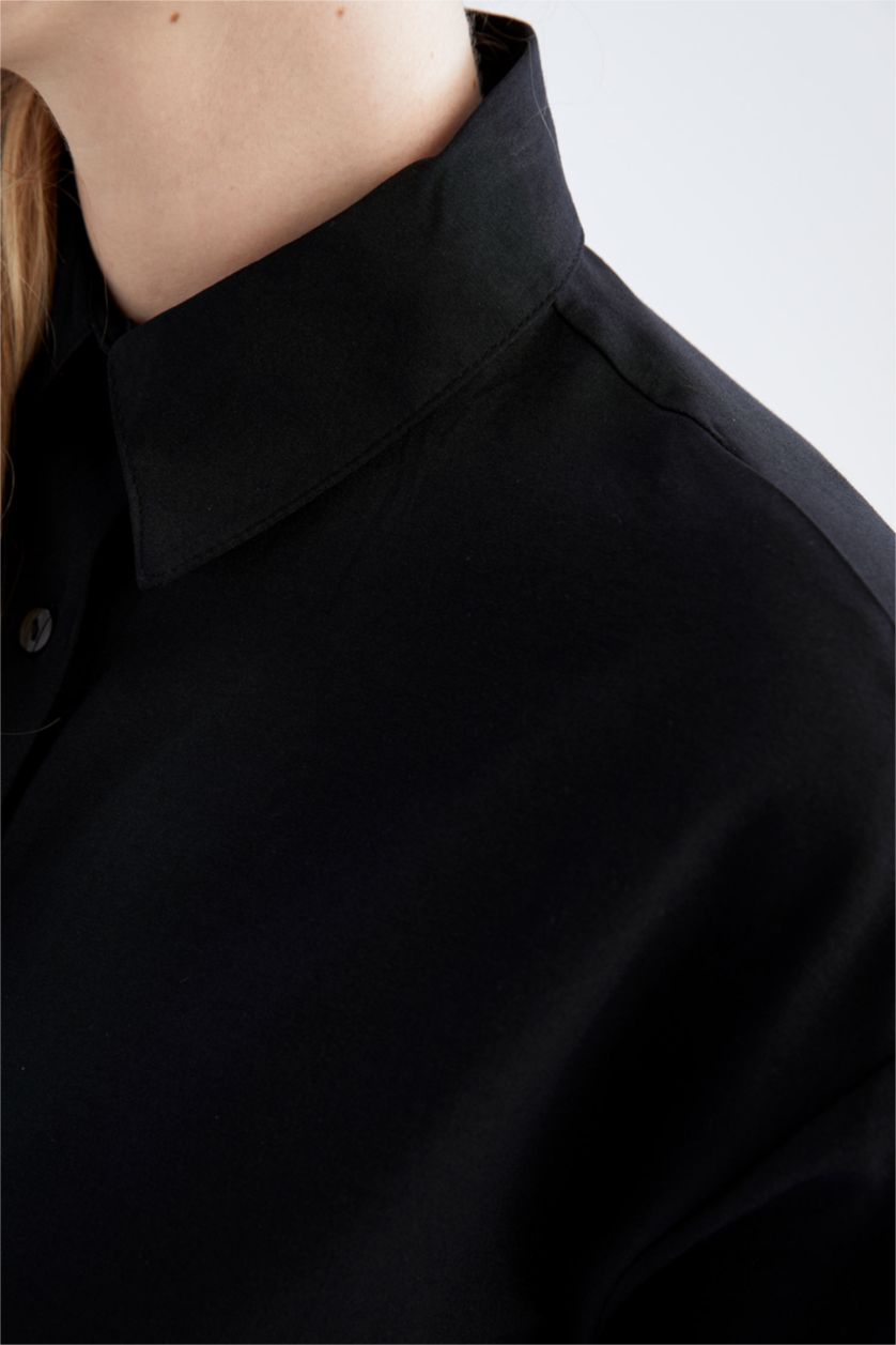 FEMME Noir Relax Fıt Col De Chemise Popeline Tunique À Manches Longues