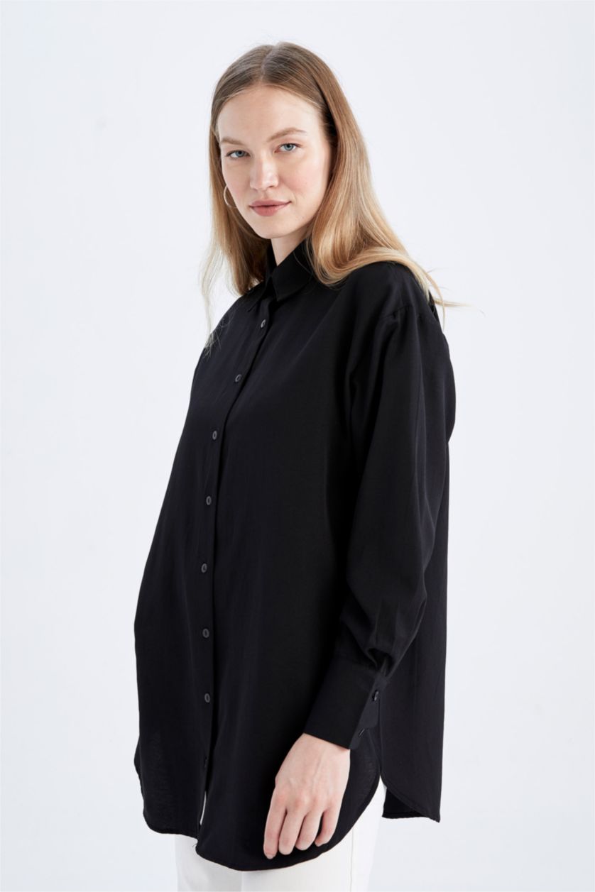 FEMME Noir Tunique À Manches Longues Popeline Coupe décontractée Col De Chemise