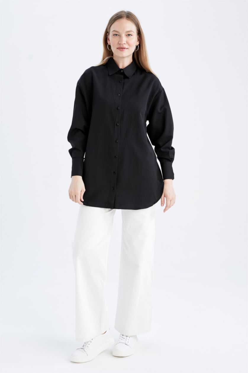 FEMME Noir Tunique À Manches Longues Popeline Coupe décontractée Col De Chemise