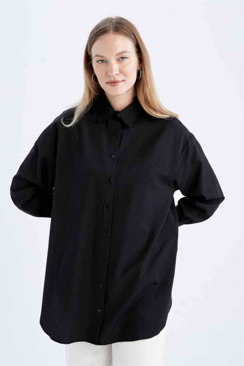 FEMME Noir Tunique À Manches Longues Popeline Coupe décontractée Col De Chemise