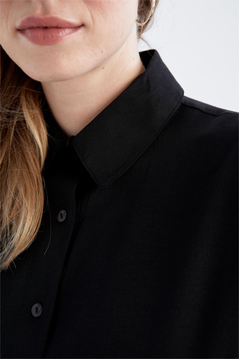 FEMME Noir Tunique À Manches Longues Popeline Coupe décontractée Col De Chemise