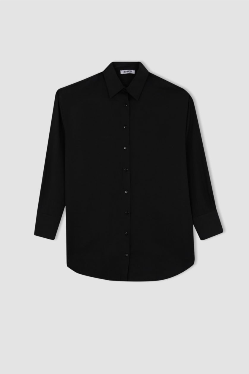 FEMME Noir Tunique À Manches Longues Popeline Coupe décontractée Col De Chemise