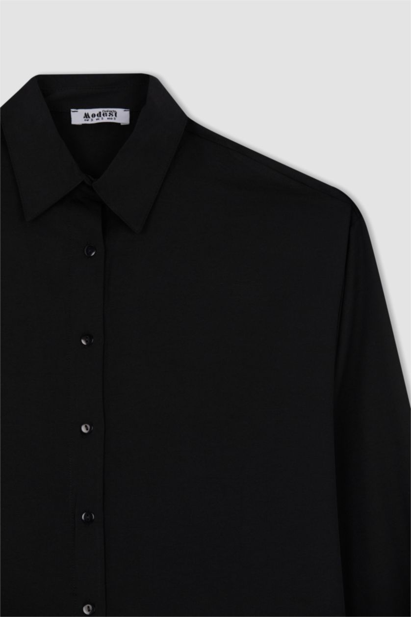 FEMME Noir Tunique À Manches Longues Popeline Coupe décontractée Col De Chemise