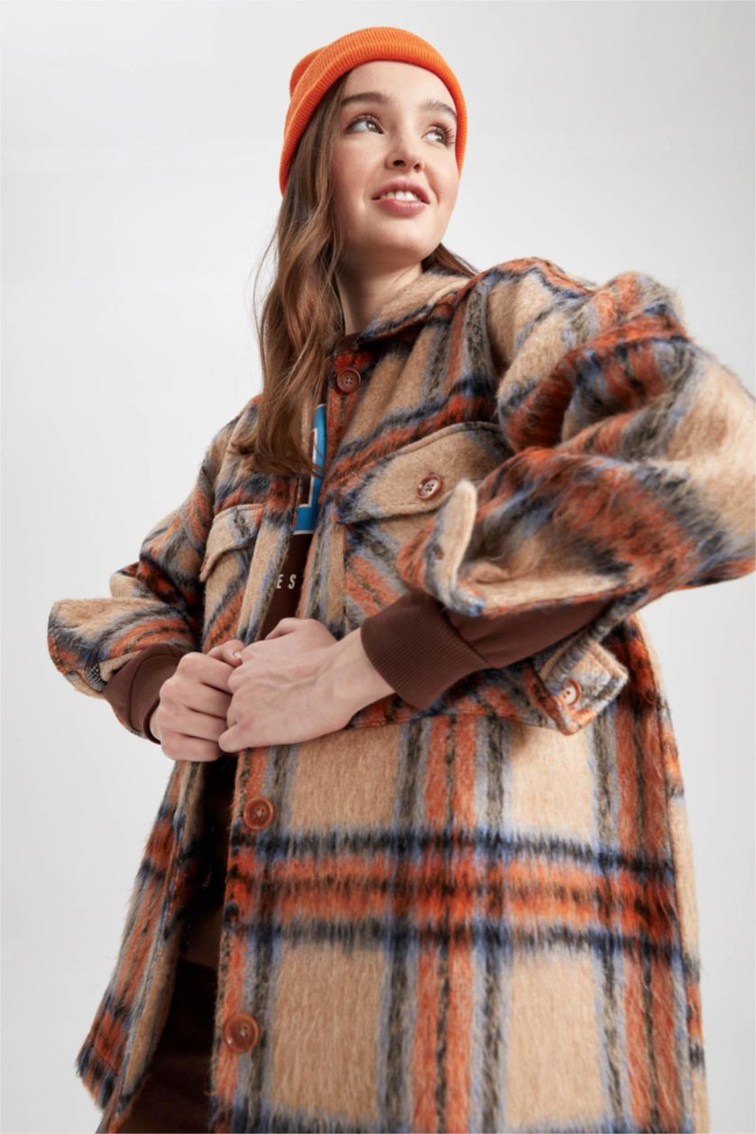 Kadın Turuncu Oversıze Gömlek Yaka Kareli Flanel Uzun Kollu Tunik