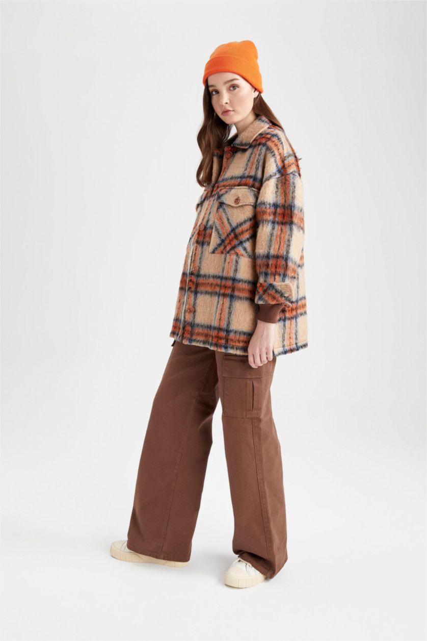 Kadın Turuncu Oversıze Gömlek Yaka Kareli Flanel Uzun Kollu Tunik